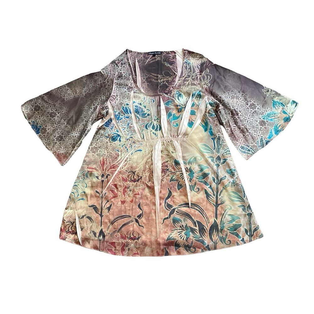 Simply Irresistible Womens Plus 2X Boho Floral Art Tunic Bell Sleeve Top